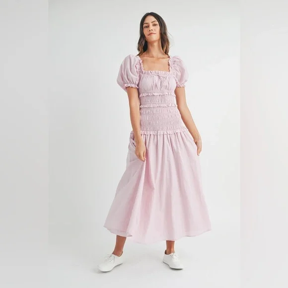 69B. Puff Sleeve Smocked Tiered Midi Dress - Mauve